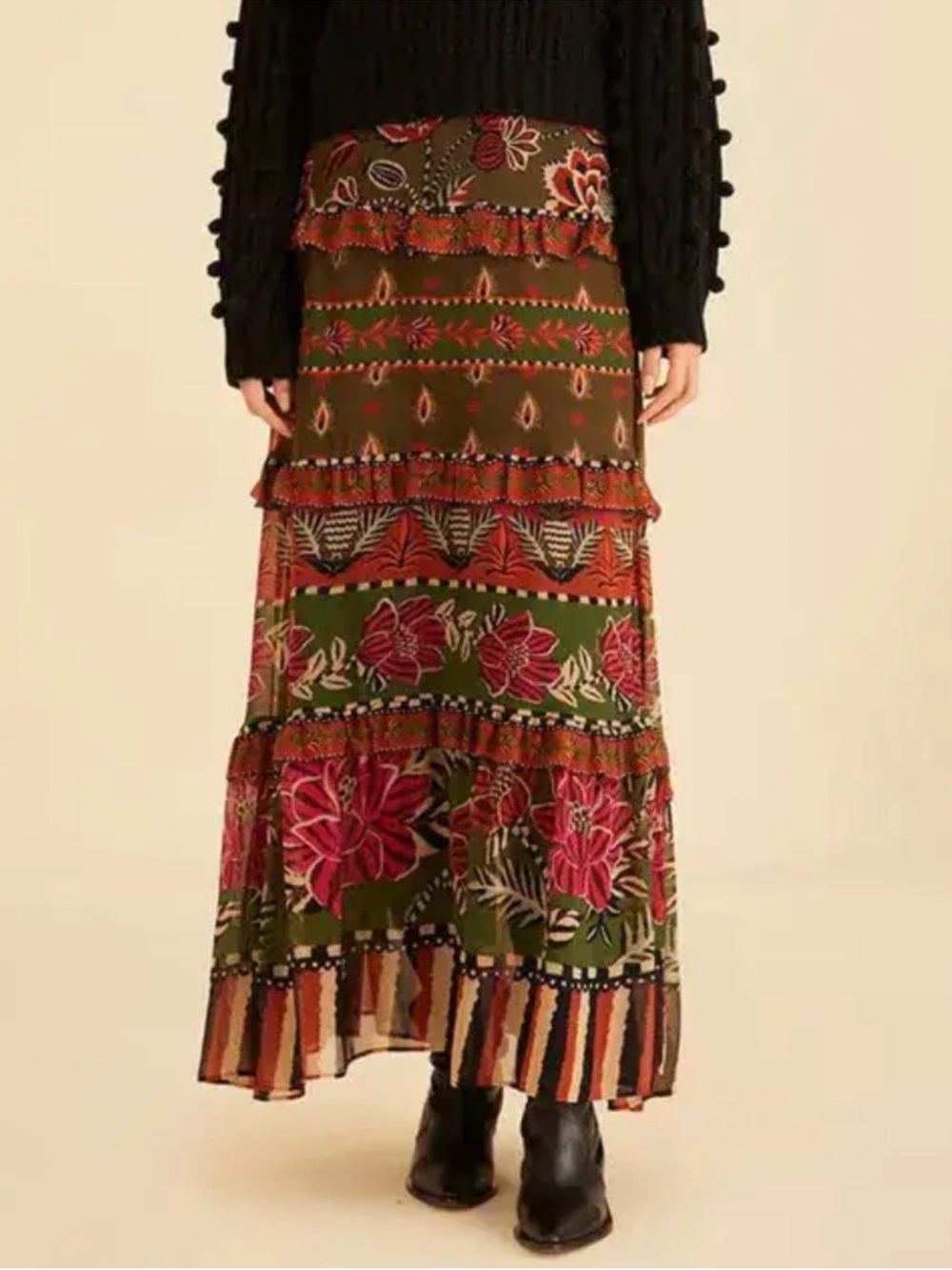 FARM Rio Ainika Floral Garden Tiered Maxi Skirt Size M